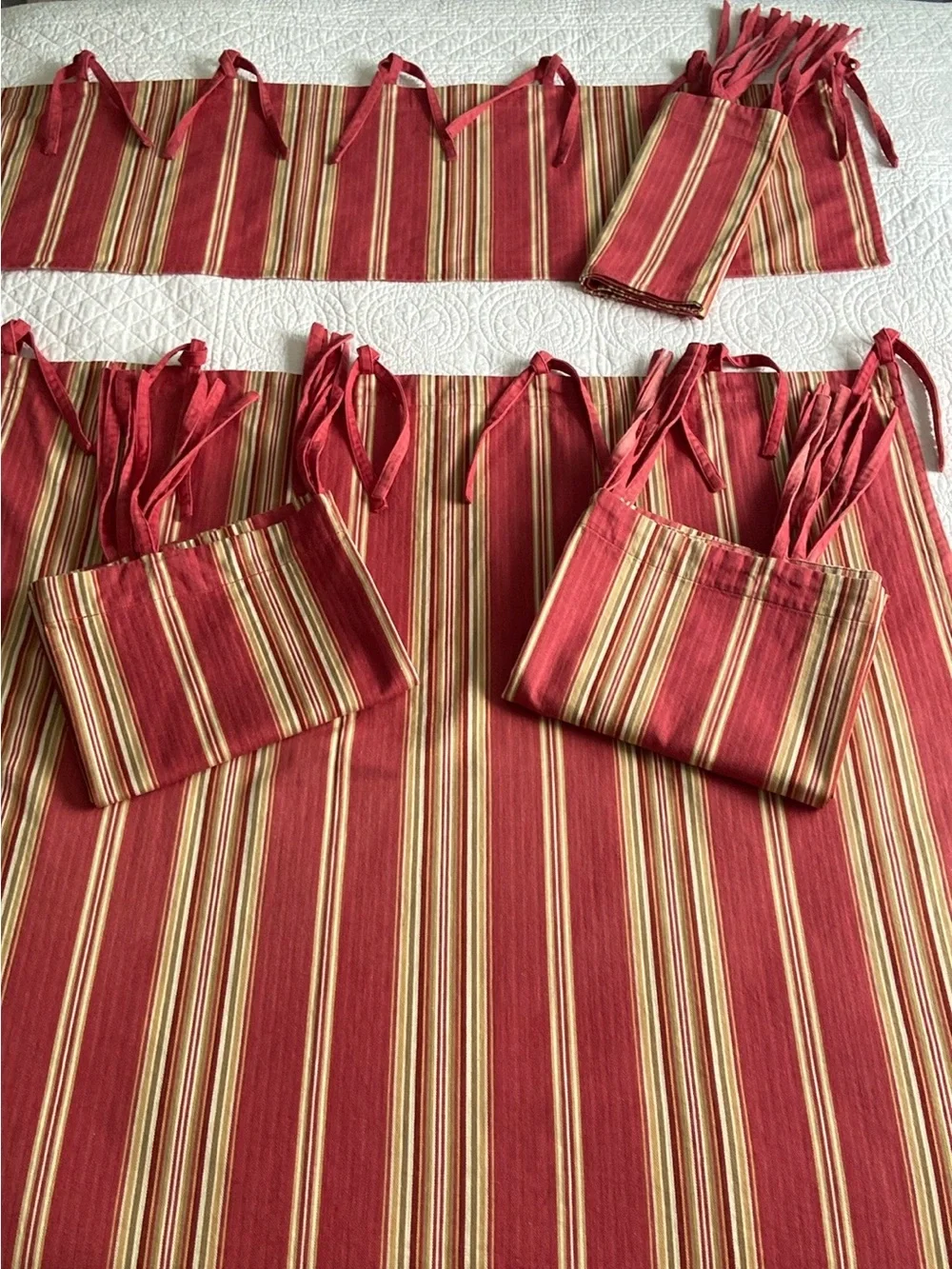 Pottery Barn Hudson Stripe Cafe 3 Curtains And 2 Valances Set Red Tan Cream